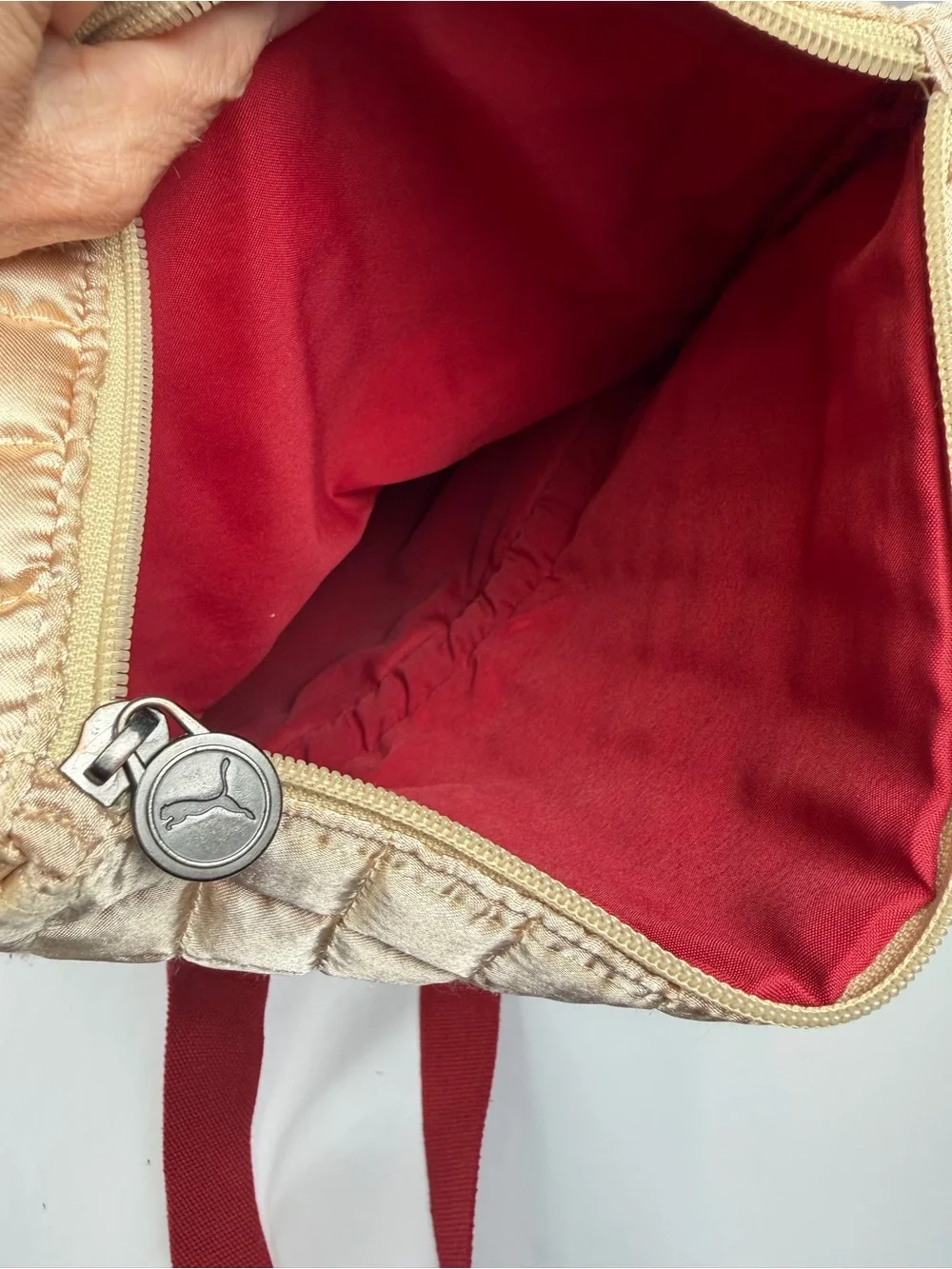 Vintage Puma Quilted Crossbody Bag in Champagne with Red Strap- Classic Puma